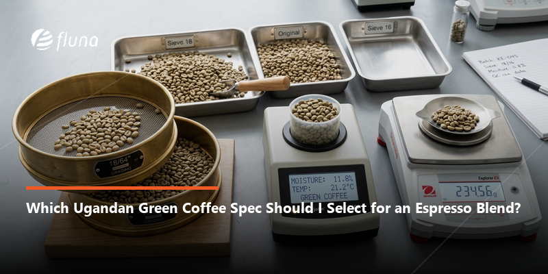 Which Ugandan green coffee spec should I select for an espresso blend: screen size, defect count and moisture targets