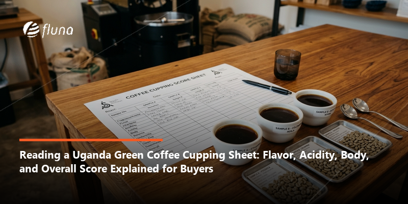 Reading a Uganda green coffee cupping sheet: flavor, acidity, body and overall score explained for buyers