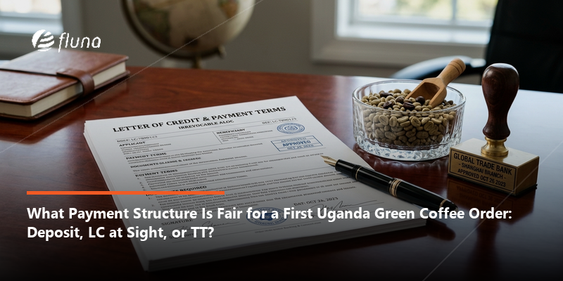 What payment structure is fair for a first Uganda green coffee order: deposit, LC at sight or TT?